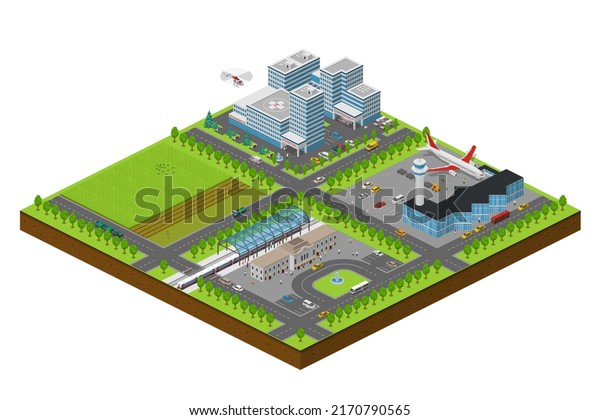 Isometric 3D illustration of the Industrial\
district city quarter with streets, people. Stock illustration for\
the design and gaming\
industry.