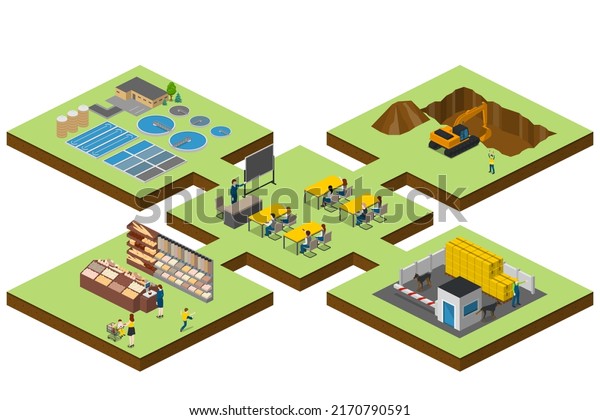 Isometric 3D illustration of the Industrial\
district city quarter with streets, people. Stock illustration for\
the design and gaming\
industry.