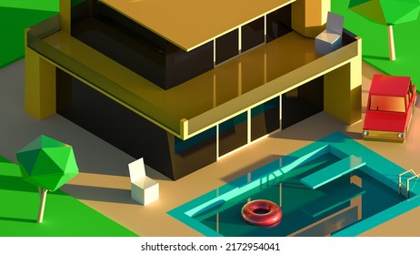 Isometric 3d Illustration Of A Modern Cottage With Swimming Pool And Low Poly Cartoon Car Beside