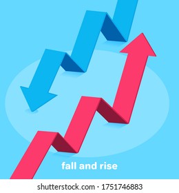 Isometric 3D Illustration On A Blue Background, A Red Arrow Going Up And Blue Down, Success Or Failure In Business