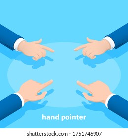 Isometric 3D Illustration On A Blue Background, Hands Of A Man In A Business Suit With The Index Finger Stretched Forward, Hand Pointer