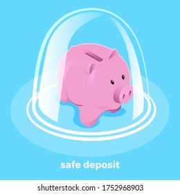 Isometric 3D Illustration On A Blue Background, A Piggy Bank Under A Glass Dome, Protection And Reliability