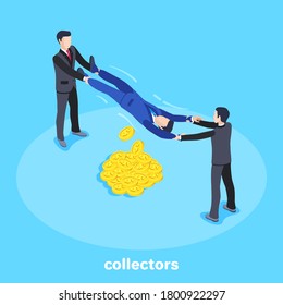 isometric 3D illustration on a blue background, men in business suits hold the hands and feet of another person, collectors knock money out of the debtor