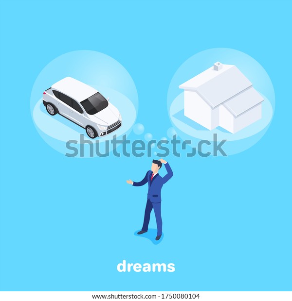 isometric 3D illustration on a blue background, a\
man in a business suit thinks about buying a car or at home, dreams\
and doubts