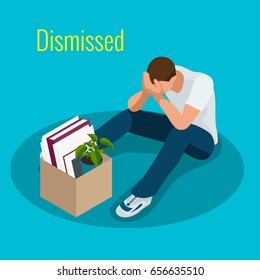 Isometric 3d Illustration People Dismissed Sad Man Carrying Box With Her Things Dismissal, Unemployment, Jobless And Employee Job Reduction Concept 