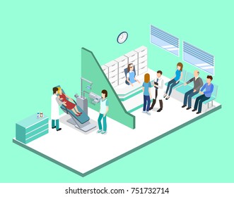 Isometric 3D illustration people are enrolled to see a dentist. A nurse is taking patients. The dentist treats the patient. People are waiting for a dentist. - Powered by Shutterstock