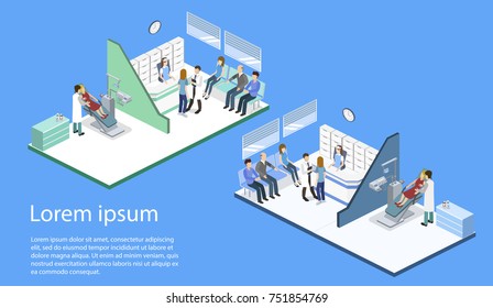 Isometric 3D illustration people are enrolled to see a dentist. A nurse is taking patients. The dentist treats the patient. People are waiting for a dentist. - Powered by Shutterstock