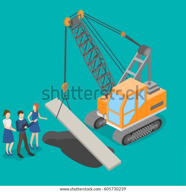 Isometric 3D\
illustration teamwork corrective. Concept idea truck crane work\
together to achieve a common result. Construction of roads,\
construction and project\
management.