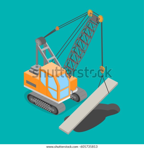 Isometric 3D illustration truck crane\
construction of roads,\
construction.