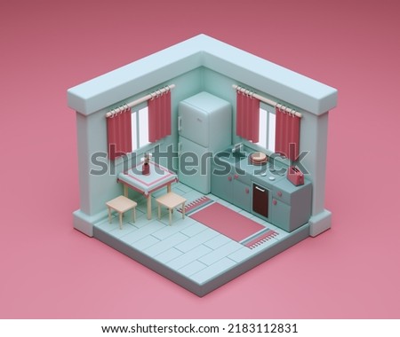 Isometric 3d ktchen interior design in children's toy style, in pink and blue-green colors