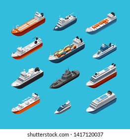 Isometric 3d Military And Passenger Ships, Boat And Yacht Sea Transportation And Shipping Icons Isolated. Transport Water Travel, Boat Ship And Vessel Cruise Illustration