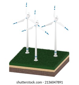 Isometric 3d render of group of wind turbines in white standing on soil slice