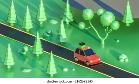 isometric 3D render of a small red car with luggage on the roof, driving along a road through a forest of low-poly green trees