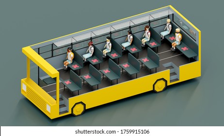 Isometric 3D Rendering About New Normal Physical Distancing In School Bus. 