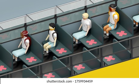 Isometric 3D Rendering About New Normal Physical Distancing In School Bus. 