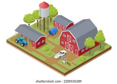 Isometric Agricultural Farm Buildings, Windmill Barn And Silo Sheds Hay Garden Beds And Tractor.