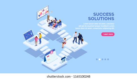 Isometric Analysis, Data Investment For Project. Solutions, Visualization, Analyzing Of Success. Business Workplace, Consulting App, Career Website, Mobile Website. Small Office Group Modern Homepage.