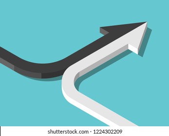 Isometric arrow formed by two merging black and white lines on turquoise blue. Partnership, merger, alliance and integration concept. Flat design
