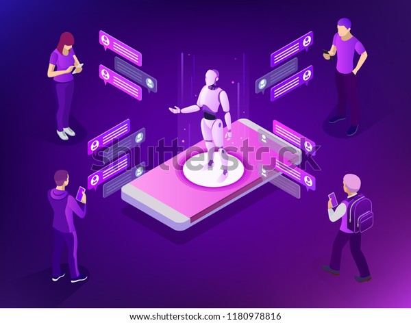 Isometric artificial\
intelligence concept. AI and business IOT concept. Man\
communicating with chat bot via instant messenger as an example of\
artificial intelligence.\
