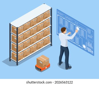 Isometric Automated Warehouse Robots. Modern Logistics Center. Automated Warehouse. Autonomous Robot Transportation In Warehouses