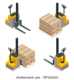 Isometric Automatic Electric Pallet Truck Small Electric Forklift Isolated On White. Storage Equipment Icon Set For Infographics