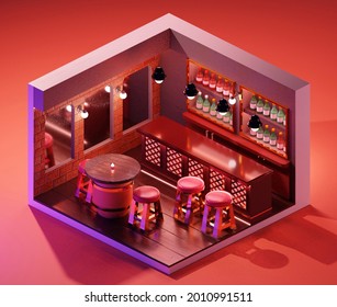 Isometric Bar Shop Interior Concept. 3D Illustration