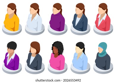 Isometric Beautiful Young Female Faces  Avatar Set. Social Network Icons Business Woman In Job And Lifestyle Daily Routine Character