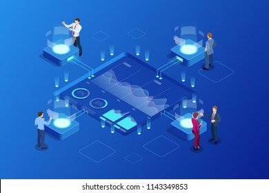 Isometric Big Data Network visualization, advanced analytics, interacting Data analysis, research, audit, demographics, Artificial Intelligence, planning, statistics, digital DNA structure management