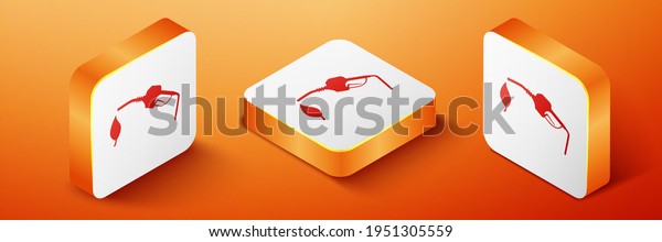 Isometric Bio fuel concept with\
fueling nozzle and leaf icon isolated on orange background. Natural\
energy concept. Gas station gun sign. Orange square\
button.