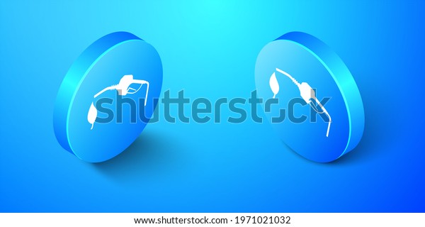 Isometric Bio fuel concept with fueling\
nozzle and leaf icon isolated on blue background. Natural energy\
concept. Gas station gun sign. Blue circle\
button.