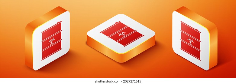 Isometric Biological Hazard Or Biohazard Barrel Icon Isolated On Orange Background. Radioactive Garbage Emissions, Danger Of Ecological Disaster. Orange Square Button. .