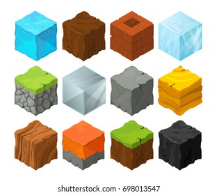 Isometric Blocks With Different Texture For 3d Game Location Design. Lava, Stones, Ice And Grass. Metal And Wood Cubes For Game Isometric Design, Block Ice Wood And Stone Illustration