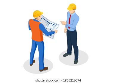 Isometric Builders On Building Site Looking At Plan. Business plan development. Teamwork and people concept. - Powered by Shutterstock