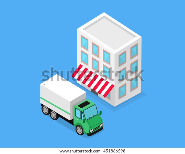Isometric\
building and lorry car design. Transport and transportation cargo\
isometric, delivery vehicle industrial, automobile and warehouse or\
storage isolated on background. \
illustration