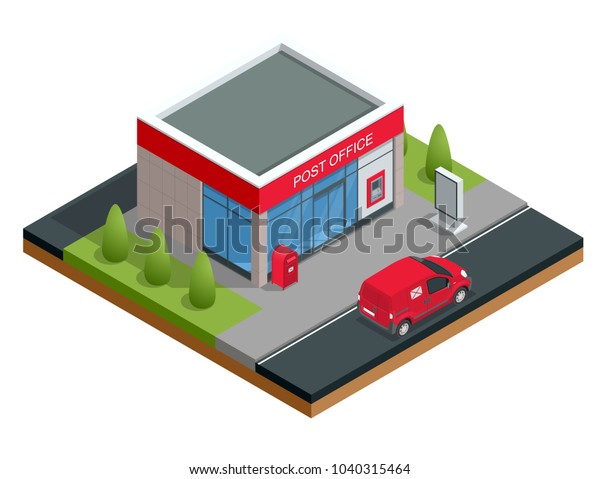 Isometric Building of post office and post\
car. Correspondence isolated \
illustration.