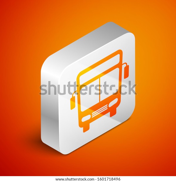 Isometric Bus icon isolated on orange\
background. Transportation concept. Bus tour transport sign.\
Tourism or public vehicle symbol. Silver square button.\
