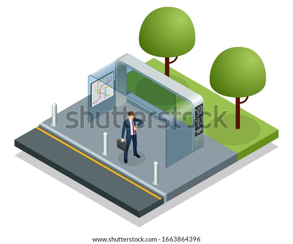Isometric business man\
waiting bus at public bus station. Man at a bus stop checking his\
watch as he\
waits