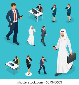 Isometric Business Man And Woman With Phone Young Man Phoning Smart Phone With Messenger App. Flat Illustration Of People Using Gadgets Walking