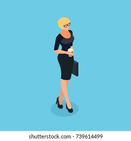 Isometric Business Woman Isolated On Blue Background. 3d Business Woman Comes With A Cup Of Coffee In Her Hand And A Briefcase. Raster Image.