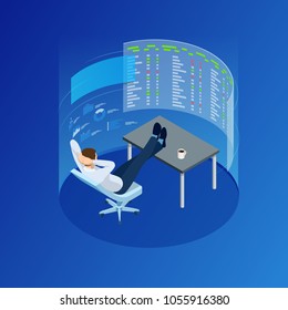 Isometric Businessman Trading Stocks. The Stock Trader Is Looking At Graphs, Indexes And Numbers On Virtual Multiple Computer Screens In Traders Office.