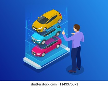 Isometric Buy A Car Or Rental A Car Online Design Web Banner. Used Cars App  Illustration.