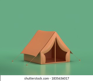 Isometric camper tent, camping objects and scenes, monochrome yellow camping equipment on green background, 3D Rendering, hunting and camping