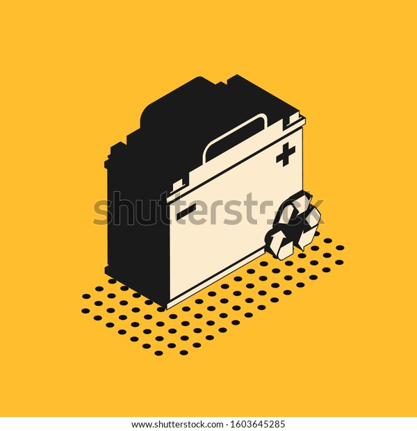 Isometric Car battery with recycle icon\
isolated on yellow background. Accumulator battery energy power and\
electricity accumulator battery. \
