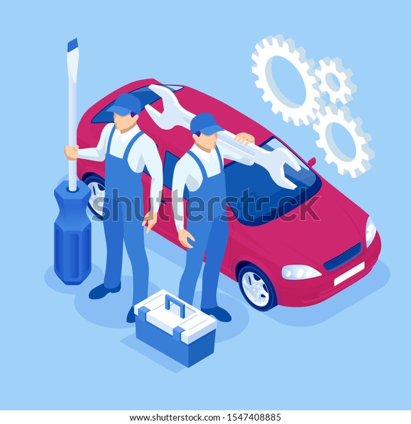 Isometric Car Maintenance Vehicles\
Diagnostics and Repair Service. Car service Car\
Engine.