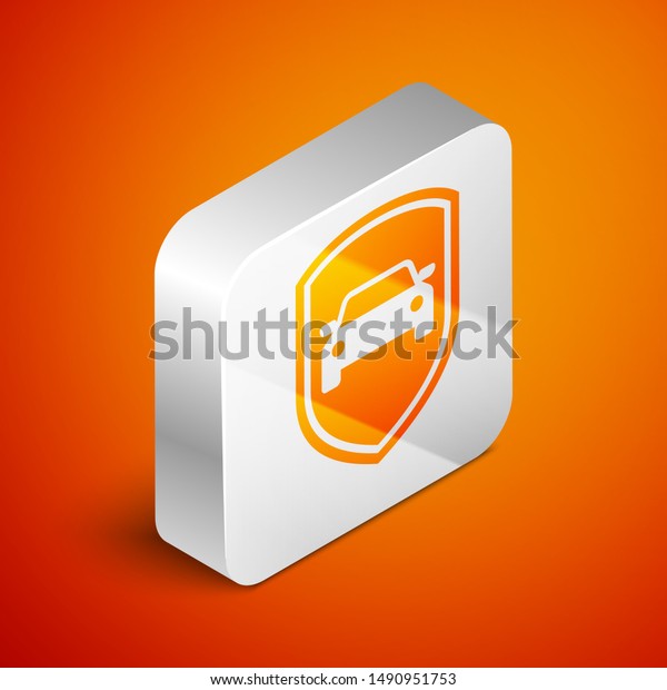 Isometric Car protection or\
insurance icon isolated on orange background. Protect car guard\
shield. Safety badge vehicle icon. Security auto label. Silver\
square button