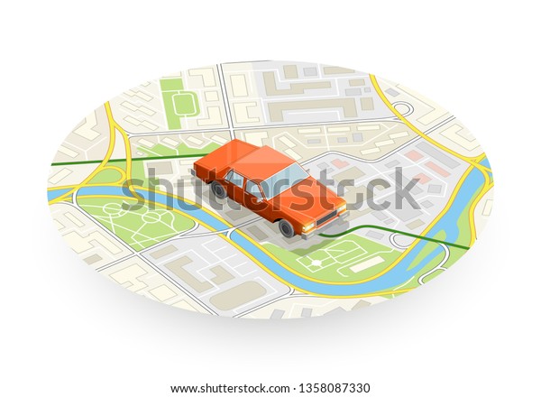 Isometric car sharing banner. Auto transportation,\
route circle map, Fast automobile logistic 3d transport,\
application isometry city auto car, infographic vehicle. Low poly\
style car vehicle\
model
