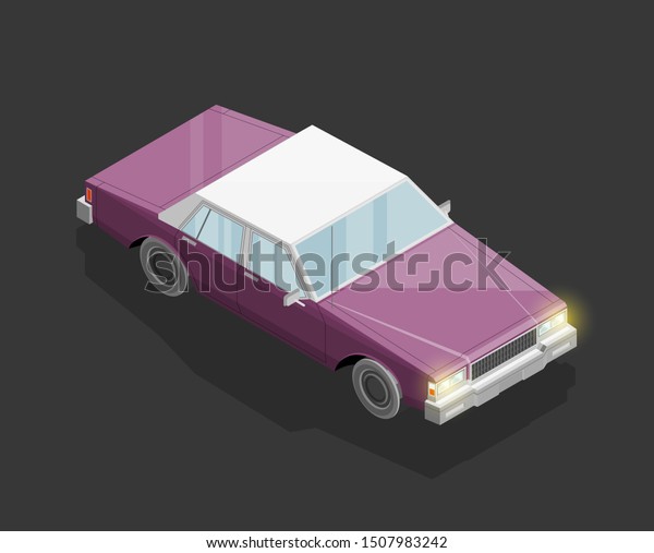 Isometric car sharing banner. Auto transportation\
route map, Fast automobile logistic 3d transport, application\
isometry city old auto car infographic classic vehicle. Low poly\
style car vehicle\
model