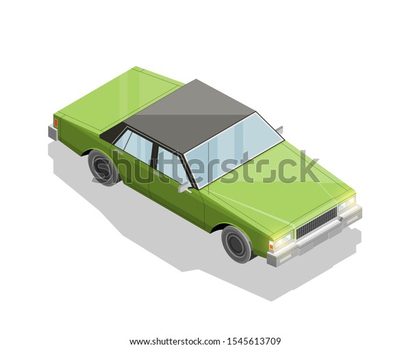 Isometric car sharing banner. Auto transportation\
route map, Fast automobile logistic 3d transport, application\
isometry city old auto car infographic classic vehicle. Low poly\
style car vehicle\
model