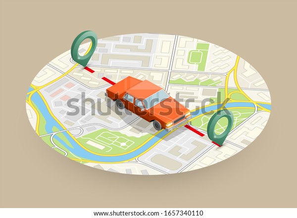 Isometric car sharing banner.\
Route circle map. Fast logistic 3d transport, application isometry\
city auto car, infographic vehicle. Low poly style car vehicle\
model
