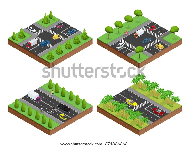 Isometric\
Cars and road icons. Four variants of road and cars. Flat 3d\
isometric high quality city transport. Sedan, van, cargo truck,\
hatchback. Urban public and freight\
transport